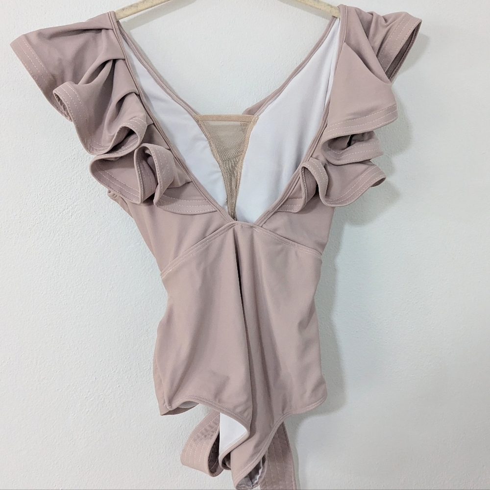Ruffle V-Neck One-Piece Swimsuit in Dusty Mauve - Picture 4 of 12